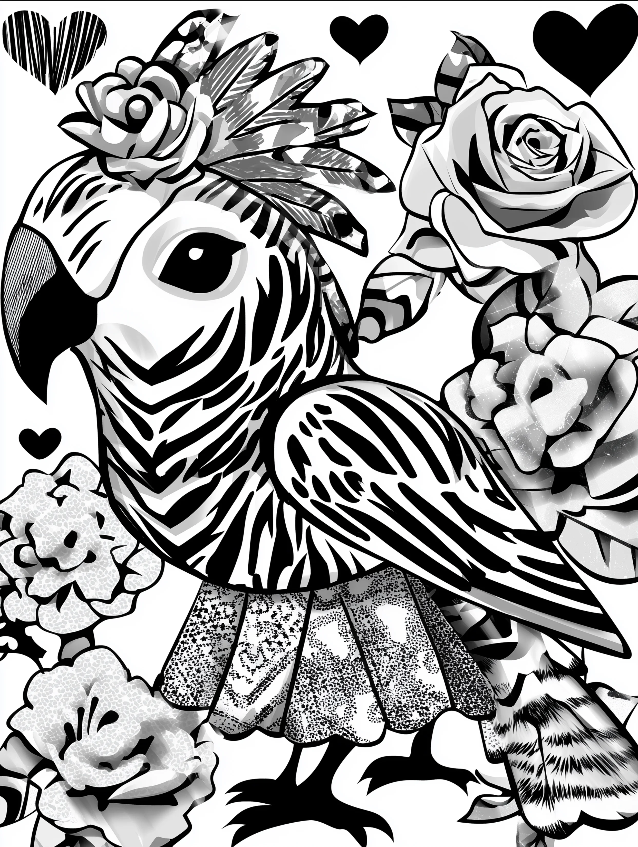Free printable bird coloring page for adults featuring a parrot with a flower on its head